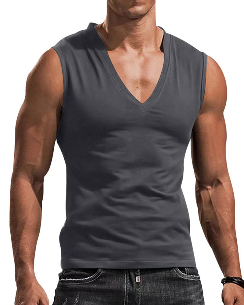 Plus Size Men's V-Neck Vest, Solid Color Casual Breathable Slim Fit Sleeveless T-Shirt