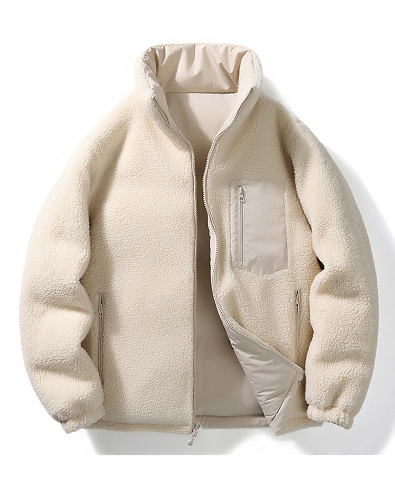 Big & Tall Men's Solid Color Vertical Collar Thickened Lamb Velvet Cotton-padded Jacket Double-sided Wearable S-3XL