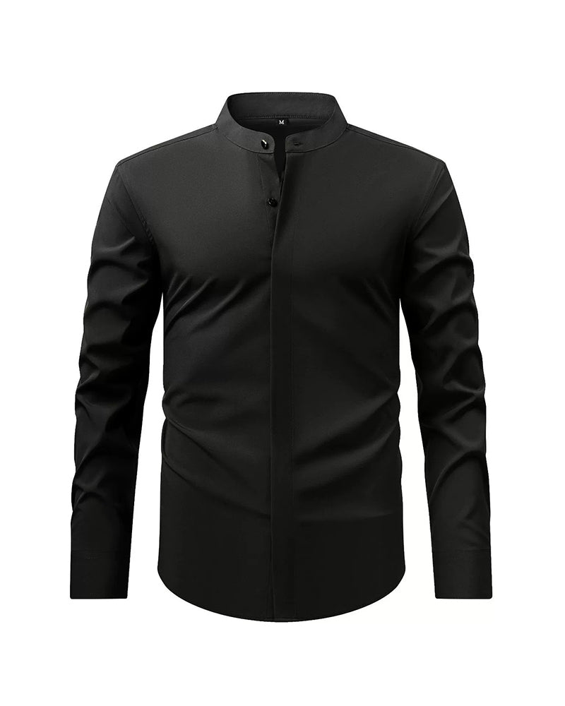 Big & Tall Men's Solid Color Retro Collar Long Sleeve Shirt S-3XL