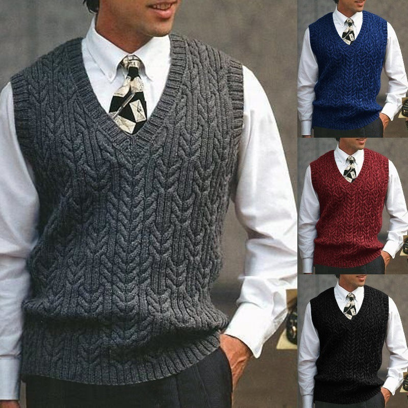 Big & Tall Men's Solid Color Twisted V-neck Knitted Waistcoat S-3XL