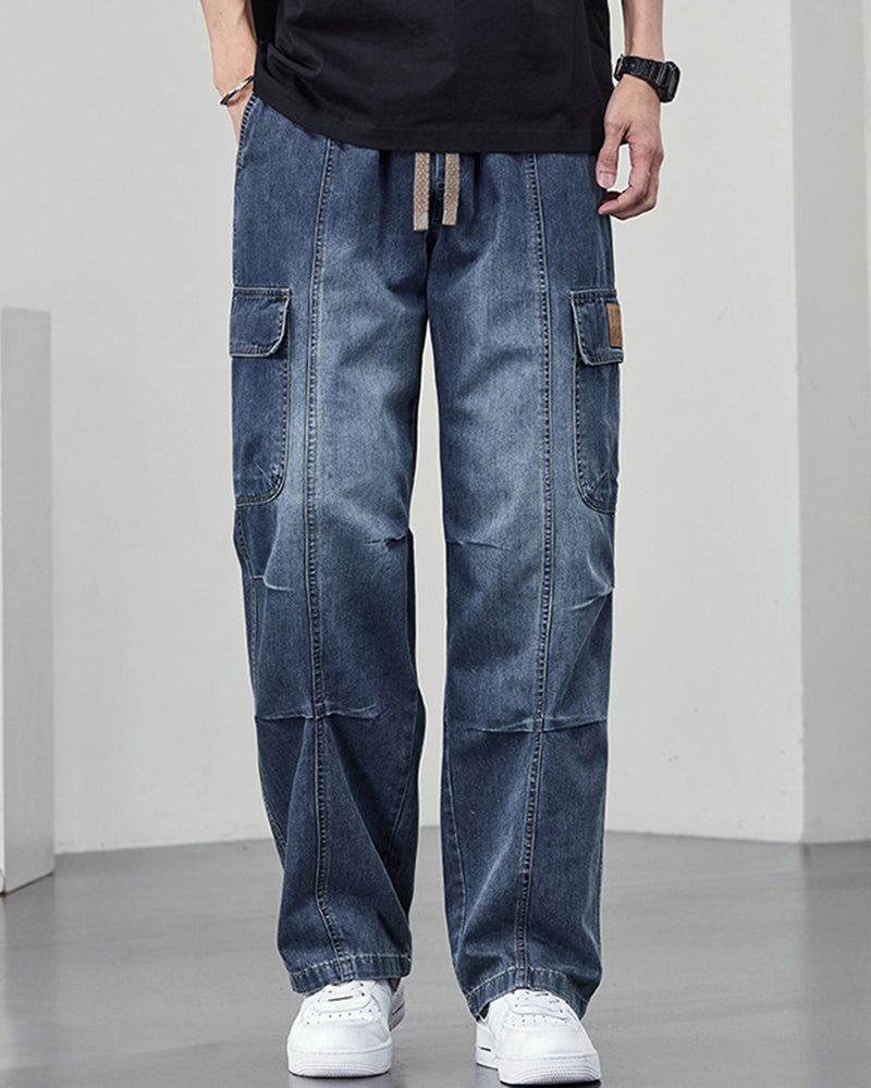 Big & Tall Men's Retro Tooling Style Old Straight Tube Stretch Jeans M-8XL