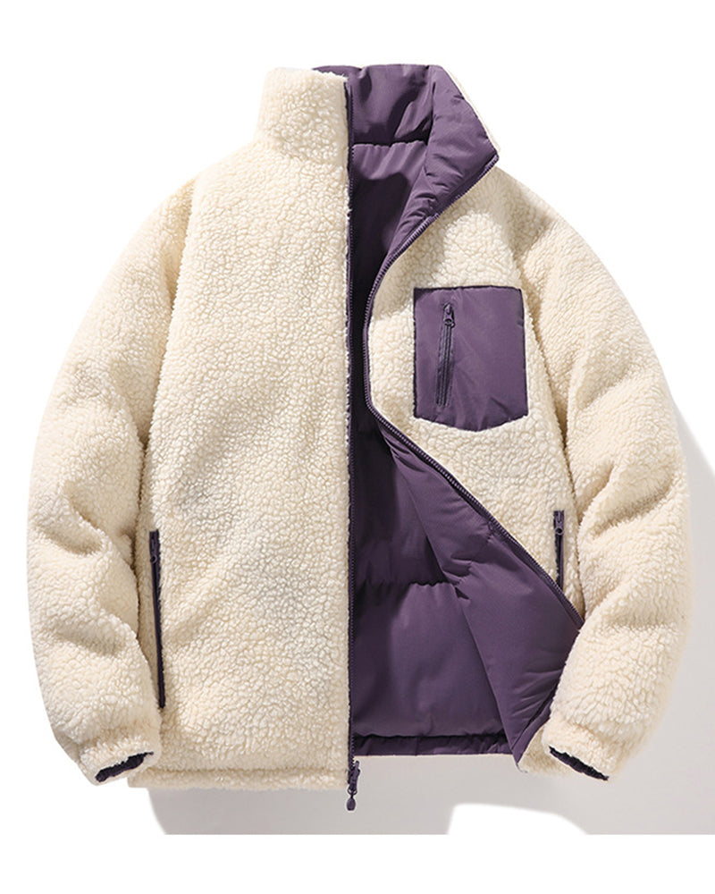 Big & Tall Men's Solid Color Vertical Collar Thickened Lamb Velvet Cotton-padded Jacket Double-sided Wearable S-3XL