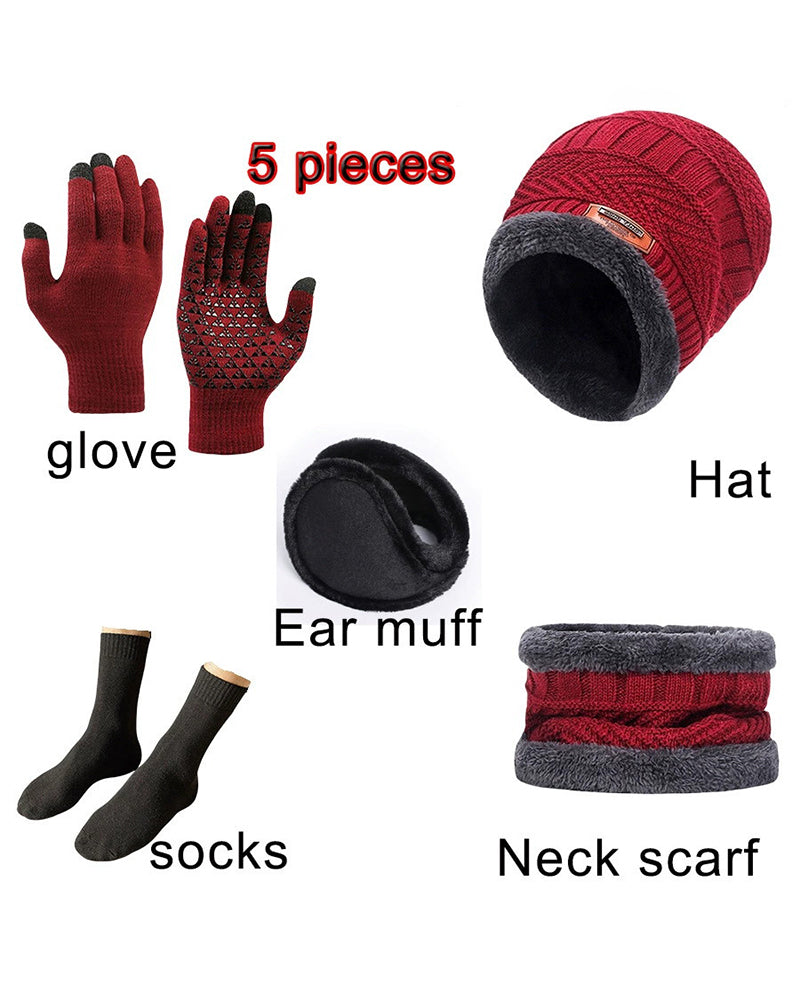 Winter Warm Scarf Gloves Socks Hat 5-piece Set Of Touch Screen For Men And Women