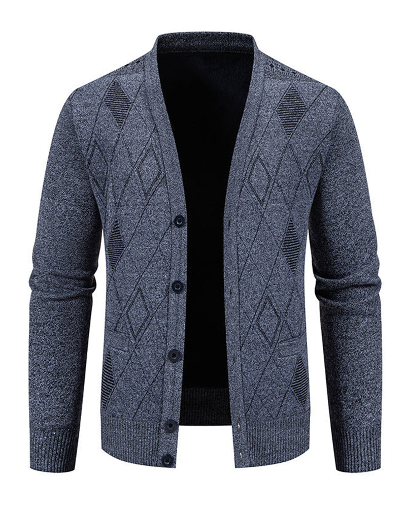 Big & Tall Men's Business Diamond Jacquard Thickened Sweater Cardigan Jacket L-3XL