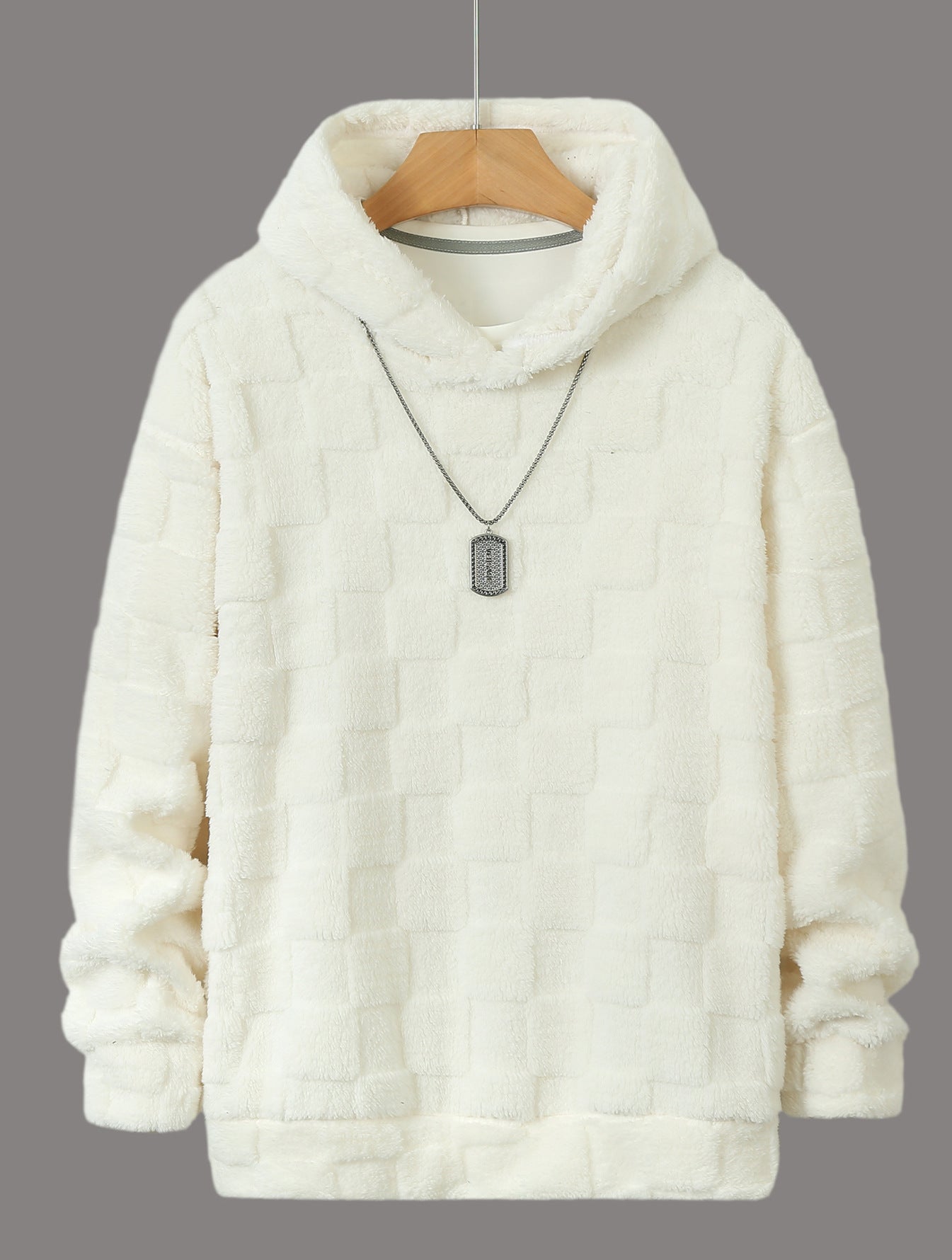 Big & Tall Men's Solid Color Square Plaid Plush Hooded Sweatshirt S-2XL