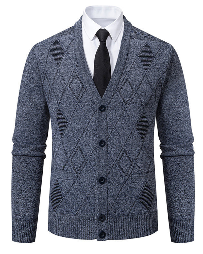 Big & Tall Men's Business Diamond Jacquard Thickened Sweater Cardigan Jacket L-3XL