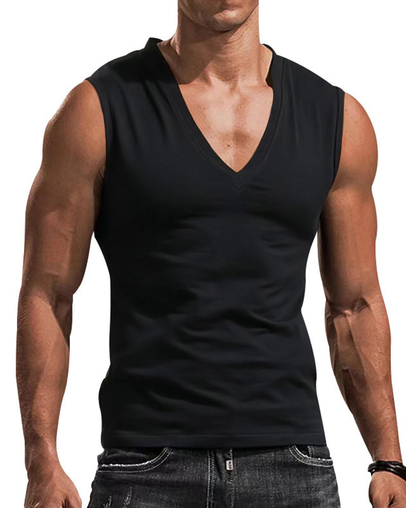 Plus Size Men's V-Neck Vest, Solid Color Casual Breathable Slim Fit Sleeveless T-Shirt