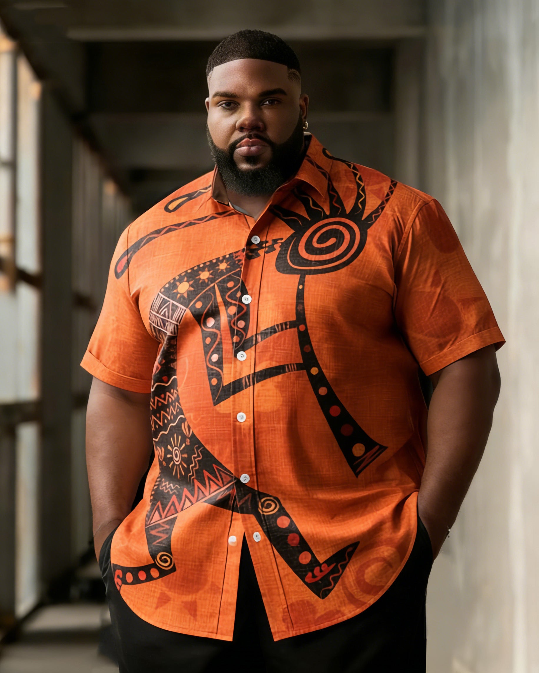 Big & Tall Men's Orange Ethnic Style Figure Printed Short Sleeve Shirt