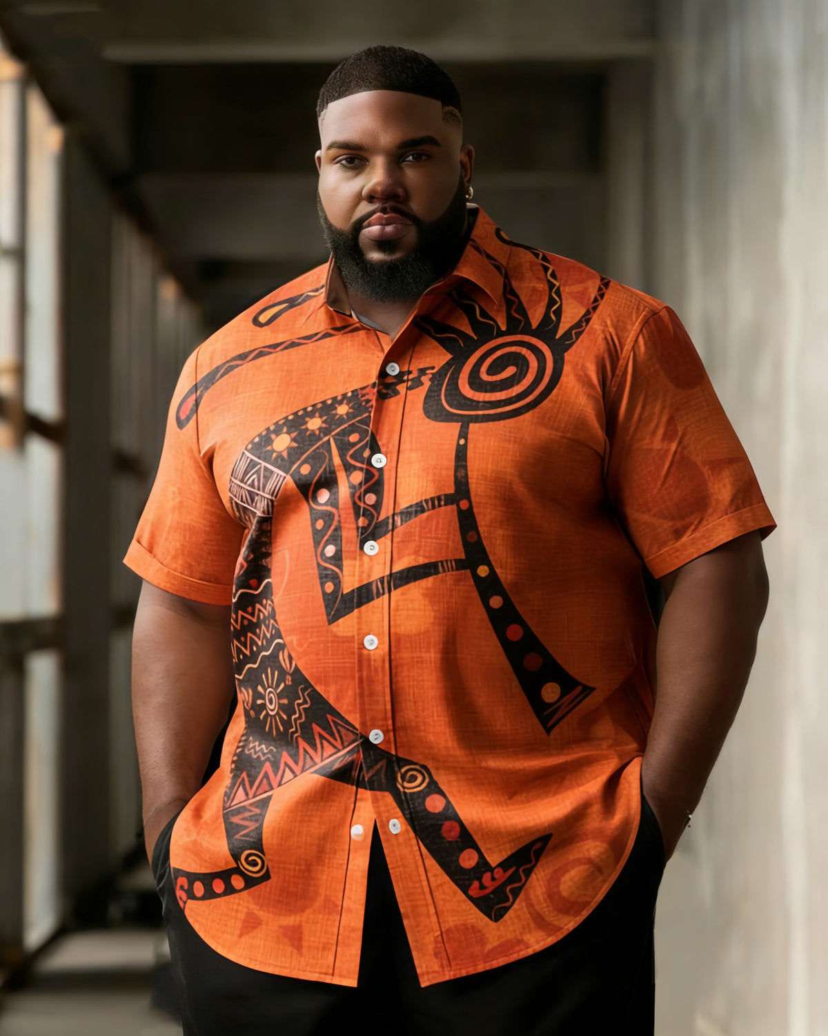 Big & Tall Men's Orange Ethnic Style Figure Printed Short Sleeve Shirt