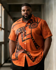 Big & Tall Men's Orange Ethnic Style Figure Printed Short Sleeve Shirt