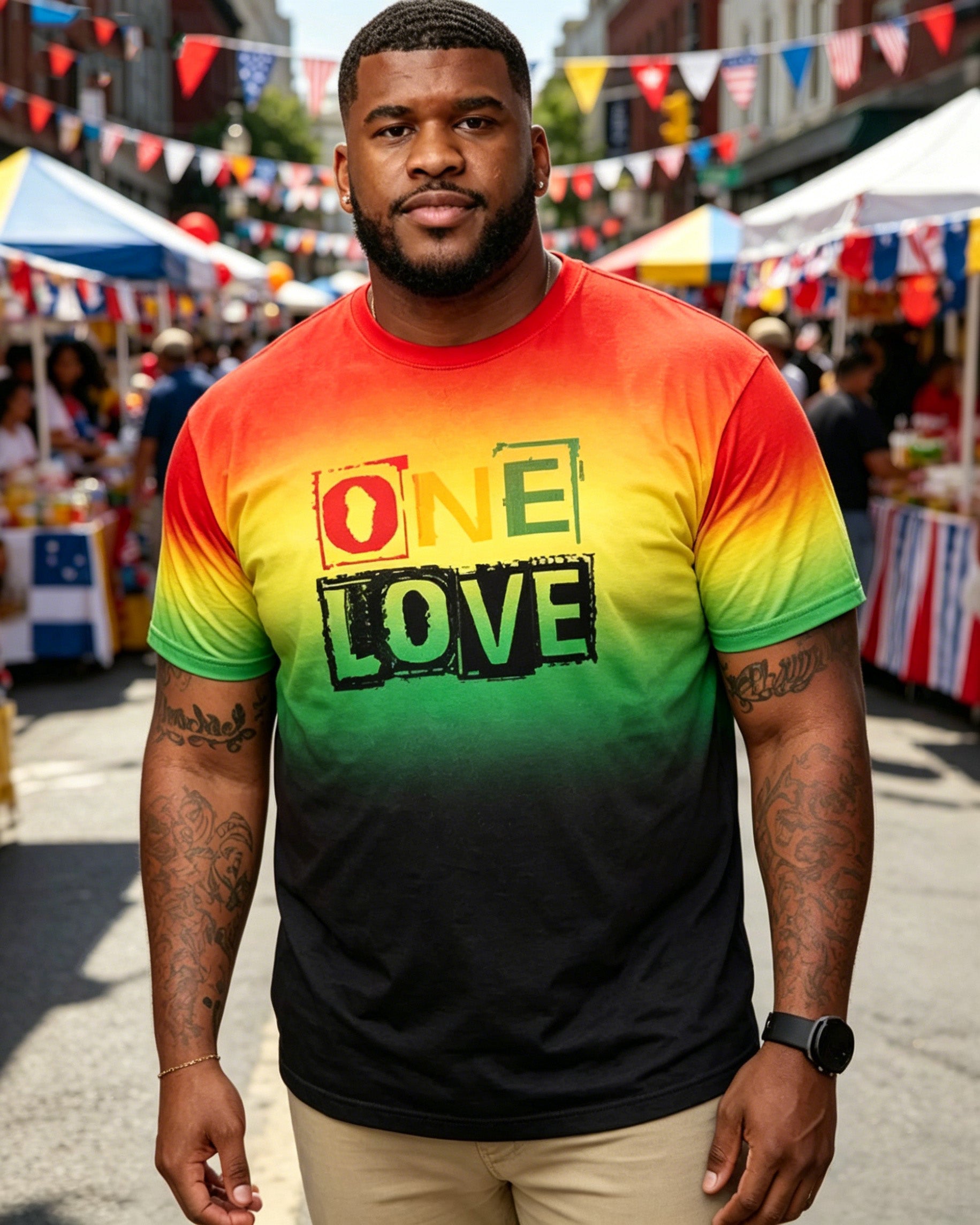 Big & Tall Men's Reggae Gradient ONE LOVE Print Crewneck Short Sleeve T-Shirt