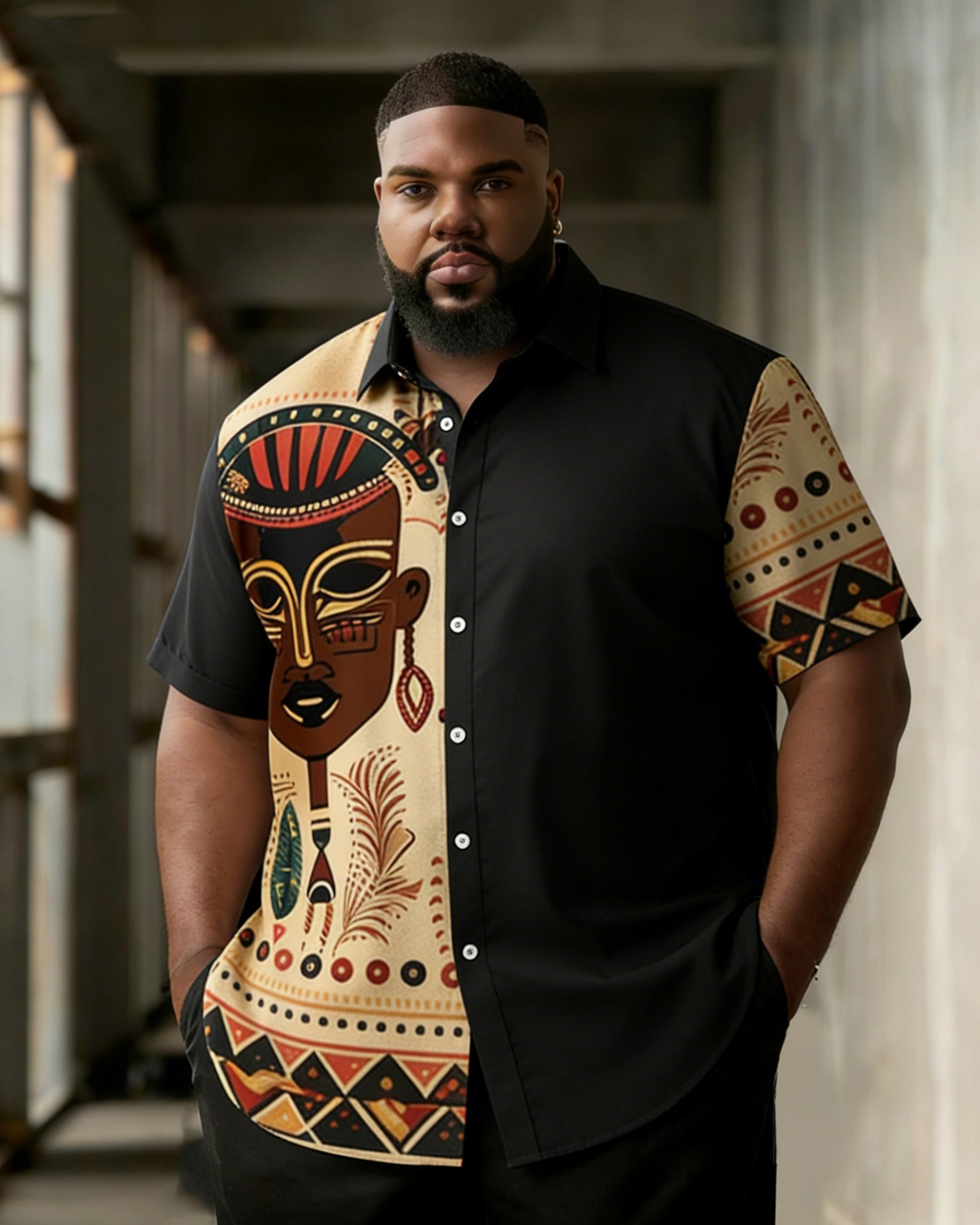 Big & Tall Men's Retro Totem Face Art Printed Short Sleeve Shirt