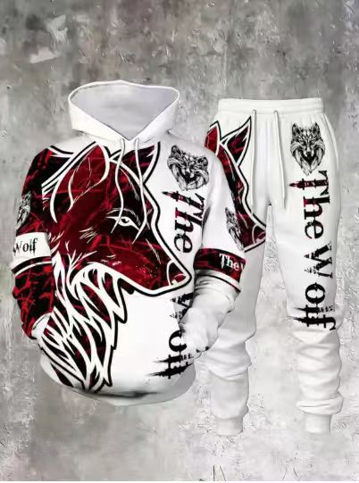 Men's 3D Wolf-Print Hoodie and Sweatpants Two-Piece Set