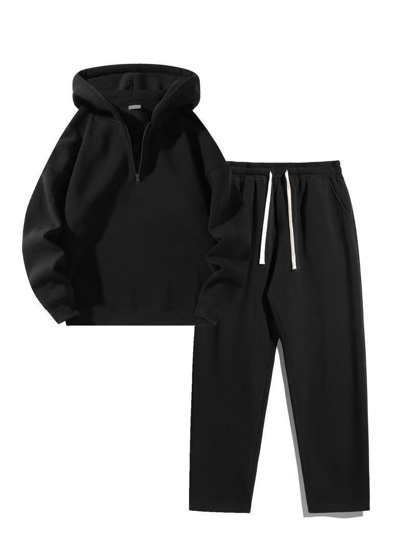 Biggmans Men's solid color half zipper hooded casual pants two-piece set