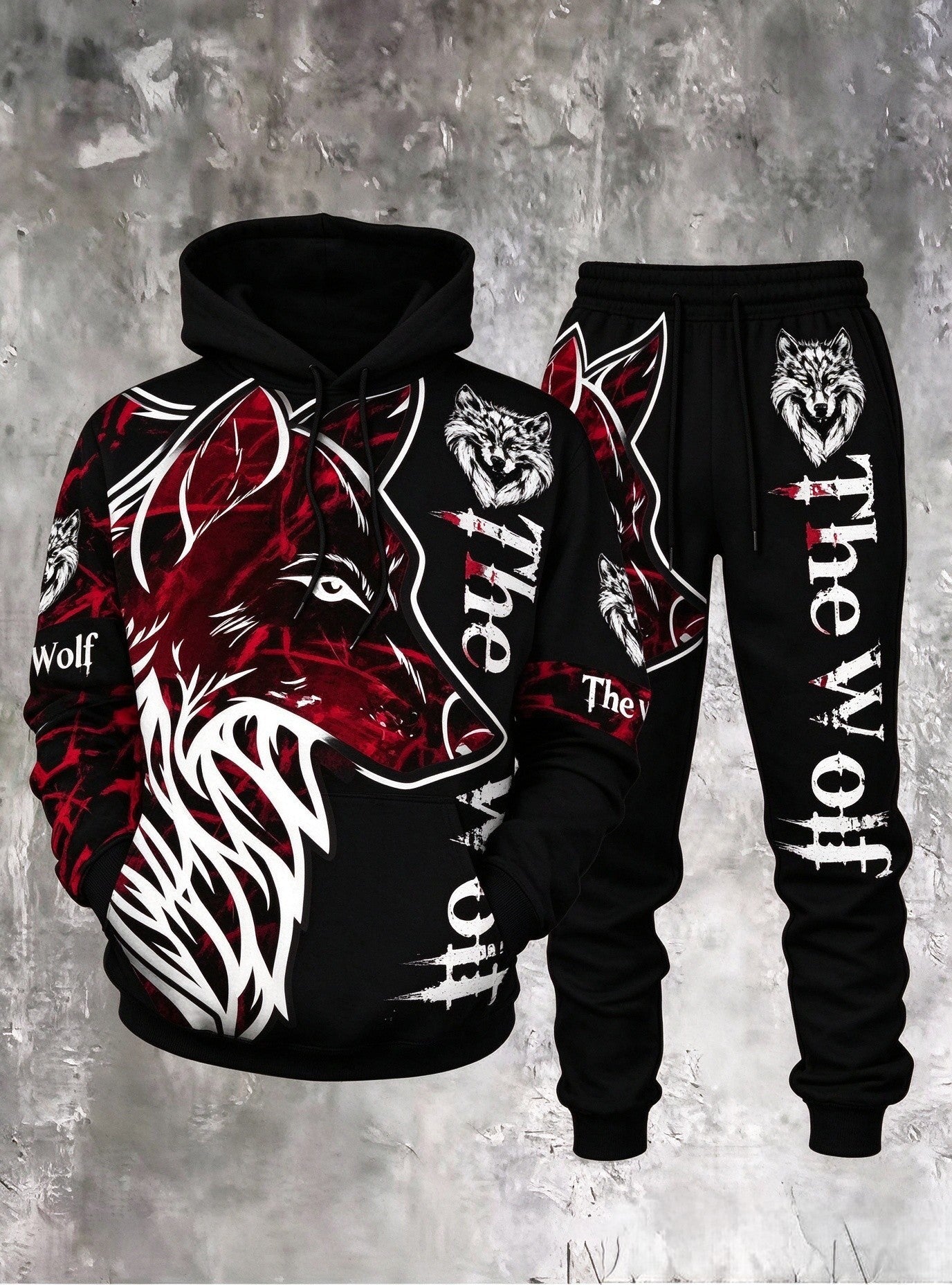 Men's 3D Wolf-Print Hoodie and Sweatpants Two-Piece Set