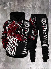 Men's 3D Wolf-Print Hoodie and Sweatpants Two-Piece Set
