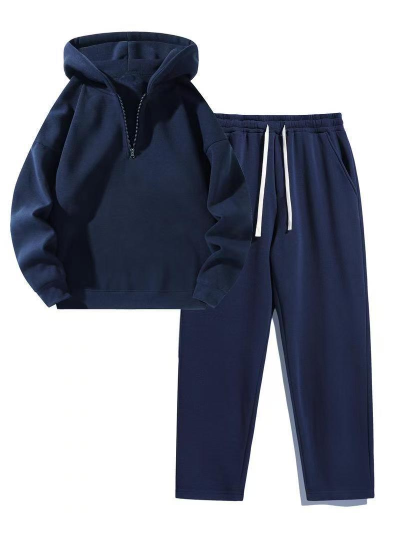 Biggmans Men's solid color half zipper hooded casual pants two-piece set