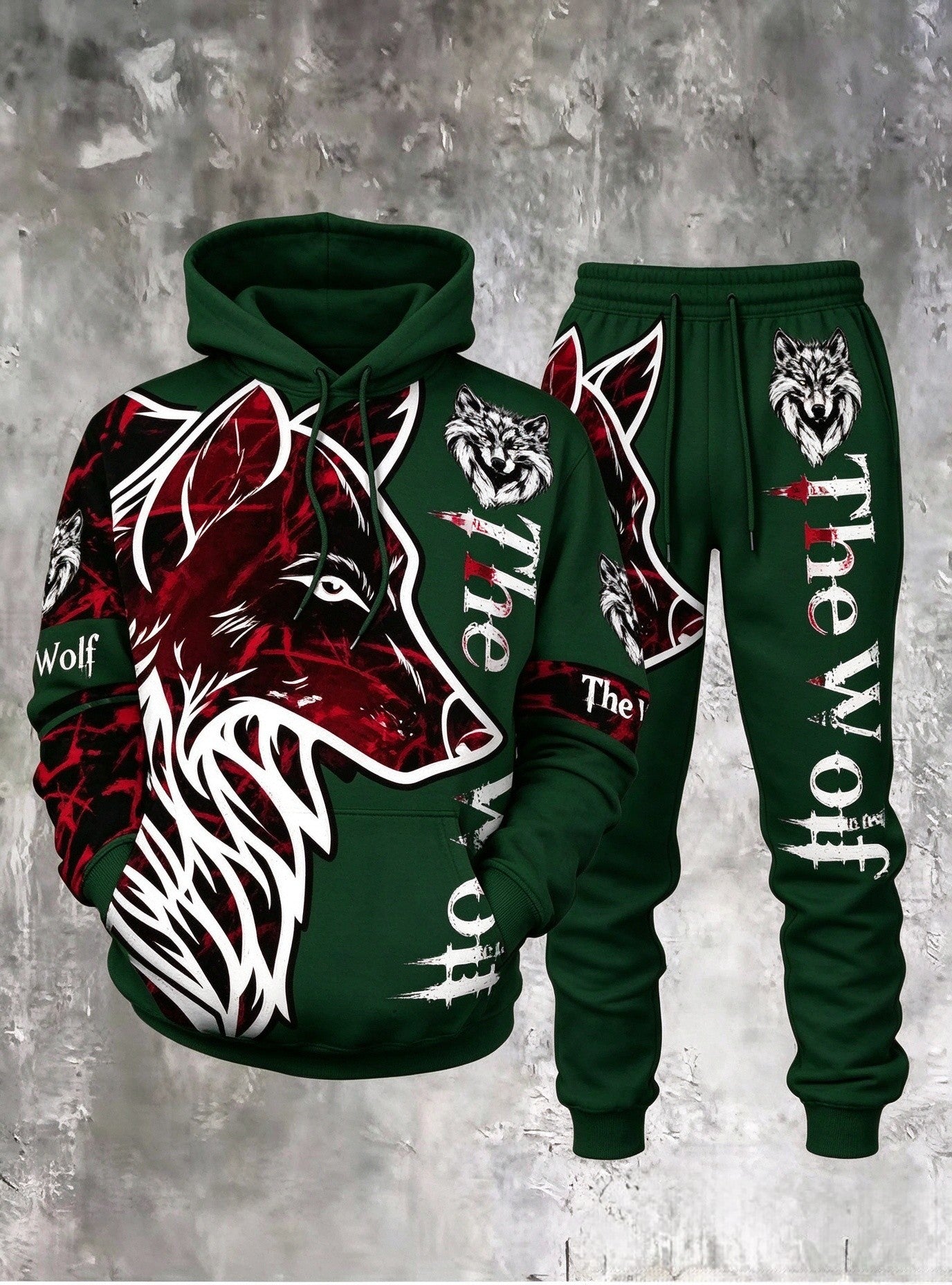 Men's 3D Wolf-Print Hoodie and Sweatpants Two-Piece Set