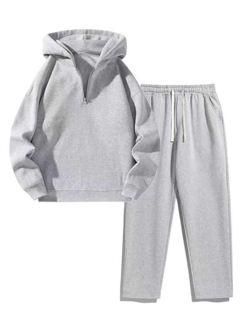 Biggmans Men's solid color half zipper hooded casual pants two-piece set