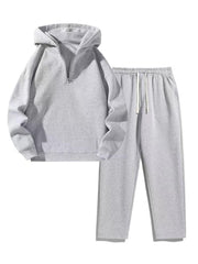 Biggmans Men's solid color half zipper hooded casual pants two-piece set