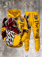 Men's 3D Wolf-Print Hoodie and Sweatpants Two-Piece Set
