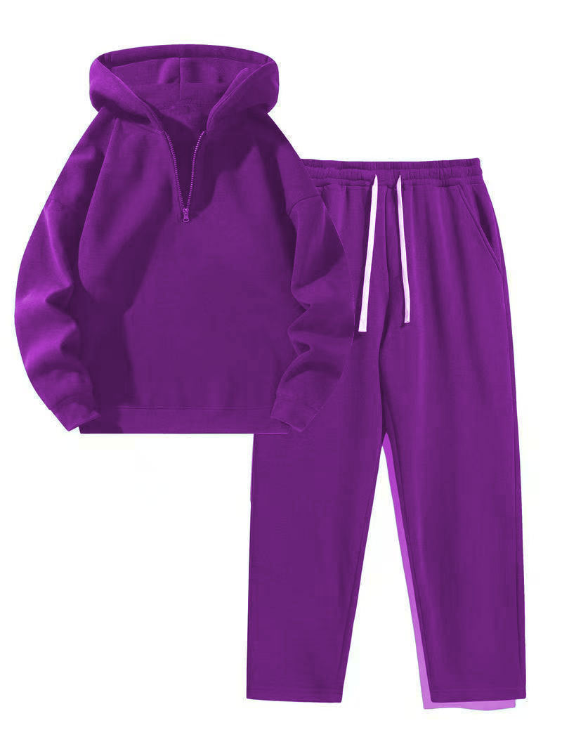 Biggmans Men's solid color half zipper hooded casual pants two-piece set