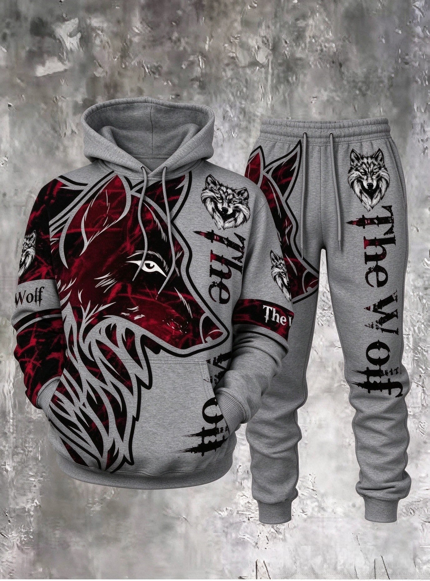 Men's 3D Wolf-Print Hoodie and Sweatpants Two-Piece Set