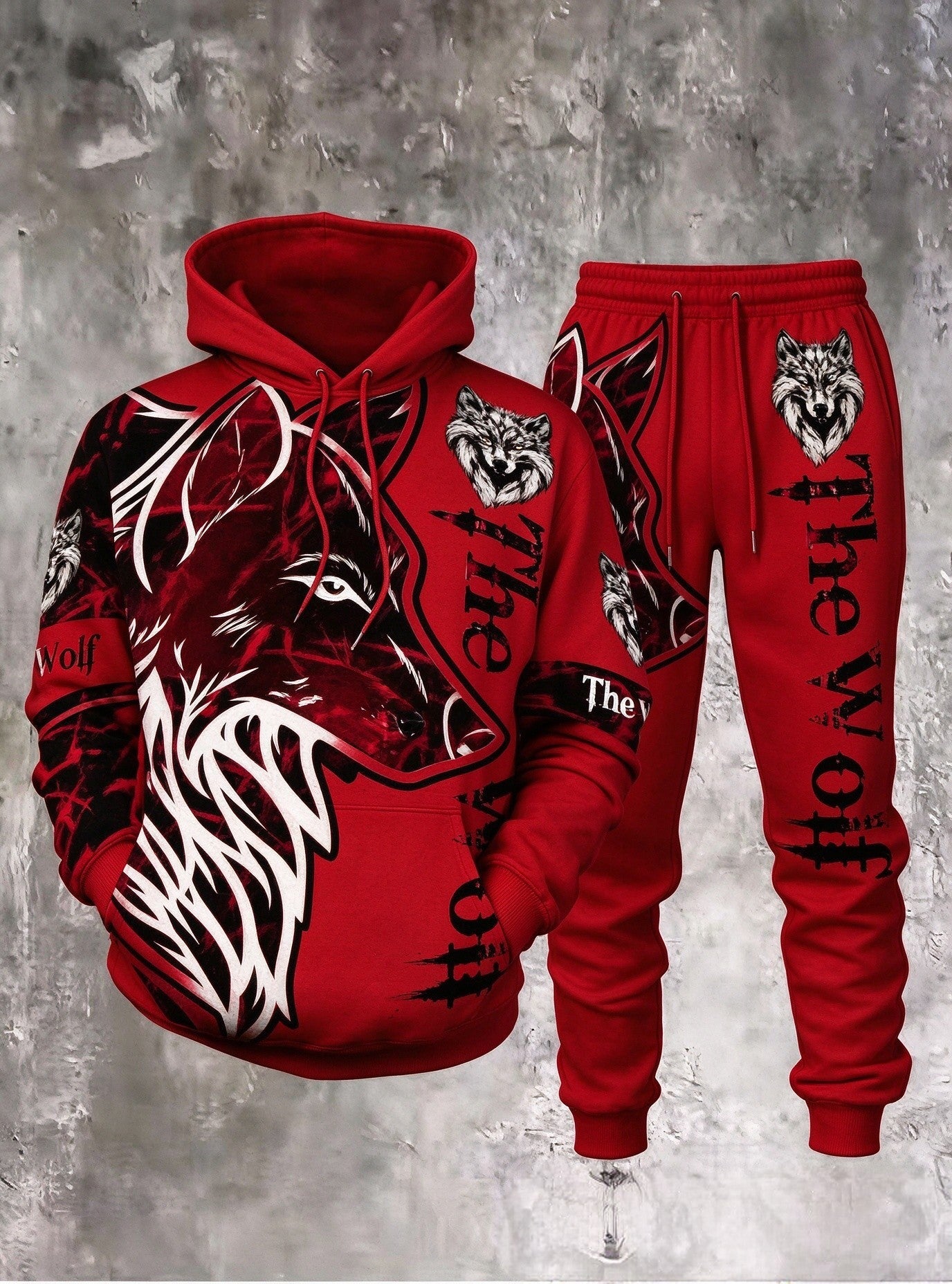 Men's 3D Wolf-Print Hoodie and Sweatpants Two-Piece Set