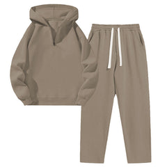 Biggmans Men's solid color half zipper hooded casual pants two-piece set