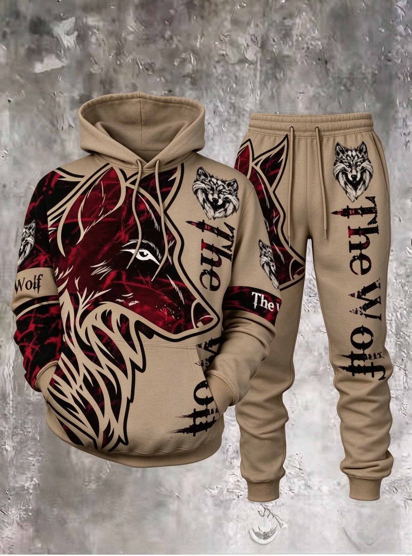 Men's 3D Wolf-Print Hoodie and Sweatpants Two-Piece Set