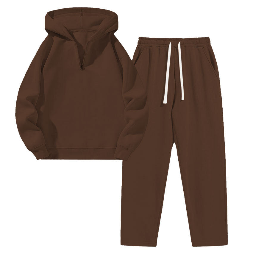 Biggmans Men's solid color half zipper hooded casual pants two-piece set