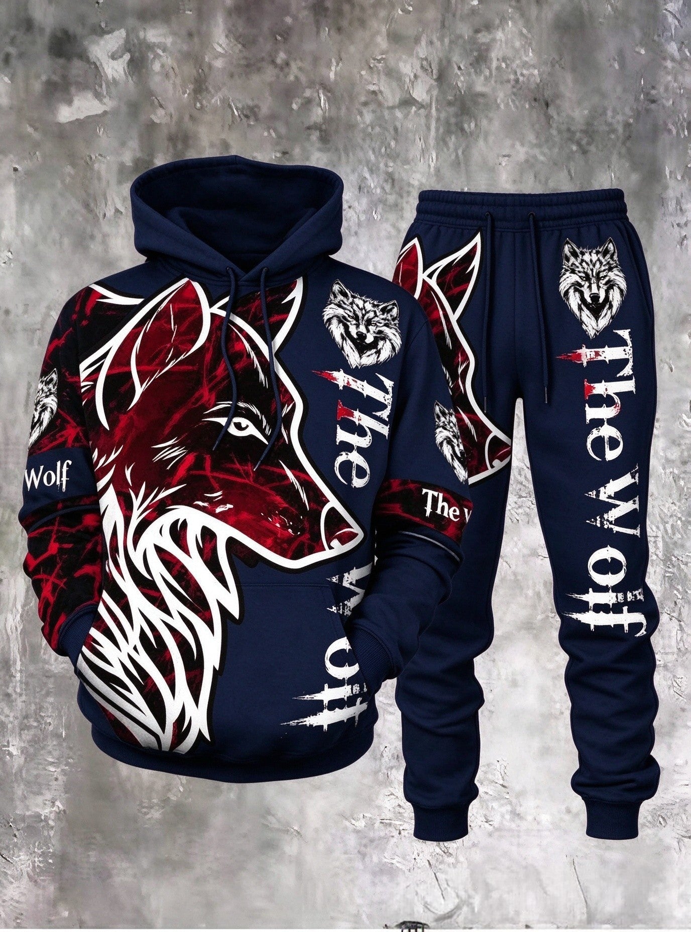 Men's 3D Wolf-Print Hoodie and Sweatpants Two-Piece Set
