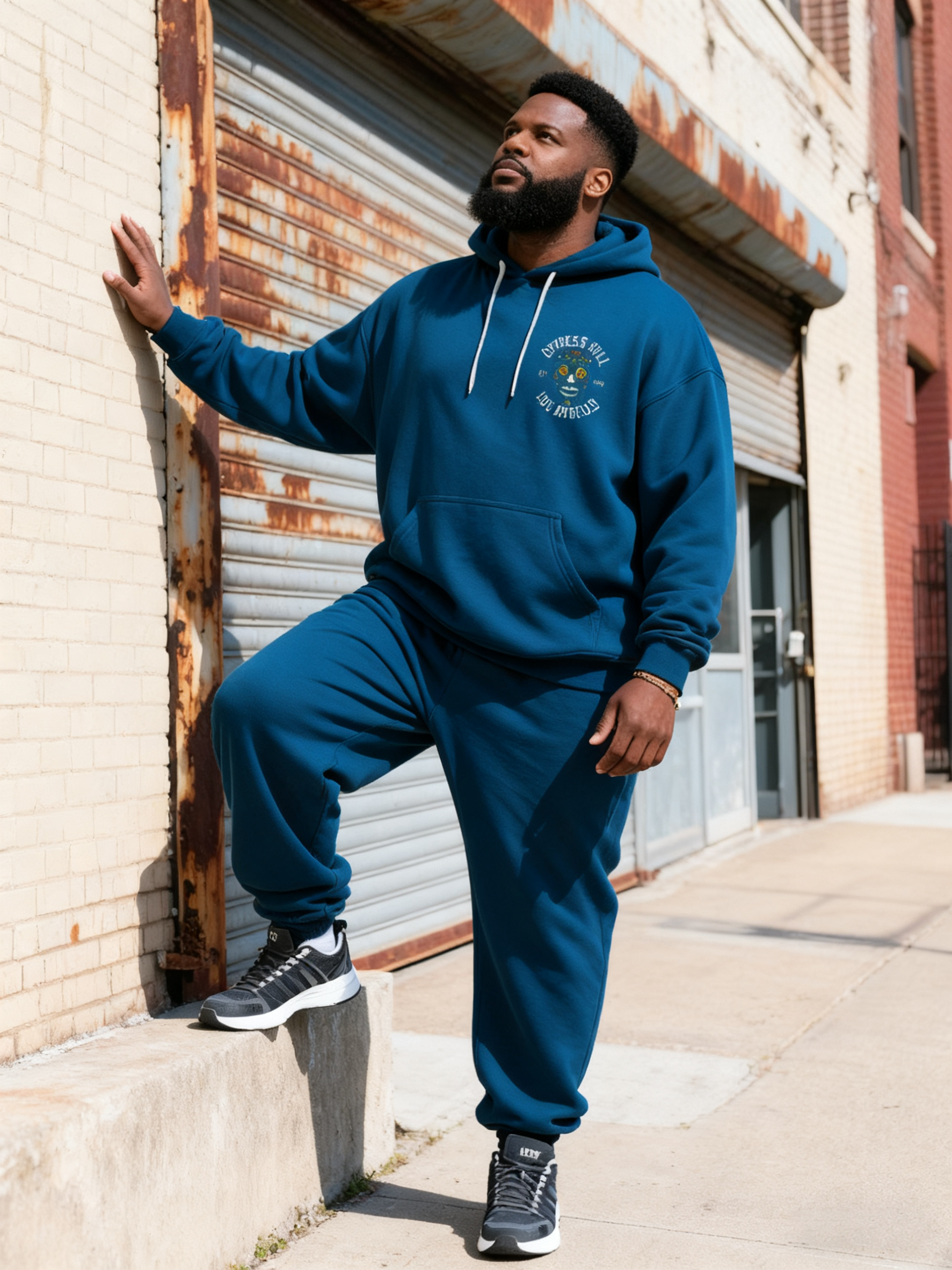 Big & Tall Men's Blue Skull Graffiti Alphabet Print Hoodie Set