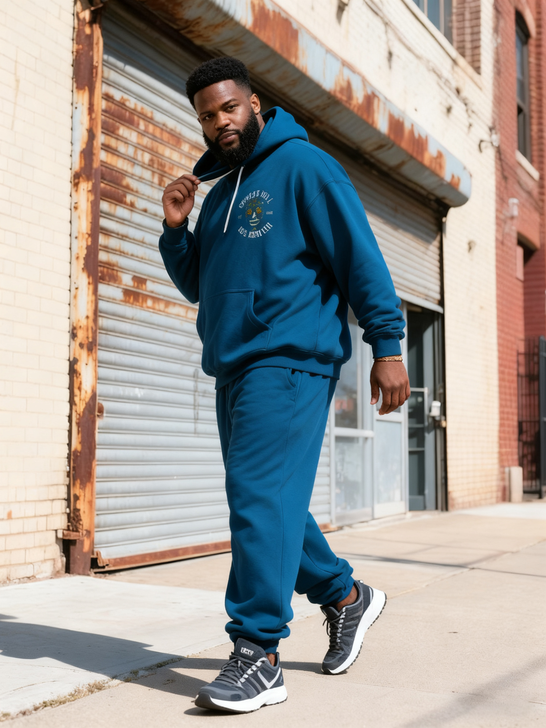 Big & Tall Men's Blue Skull Graffiti Alphabet Print Hoodie Set