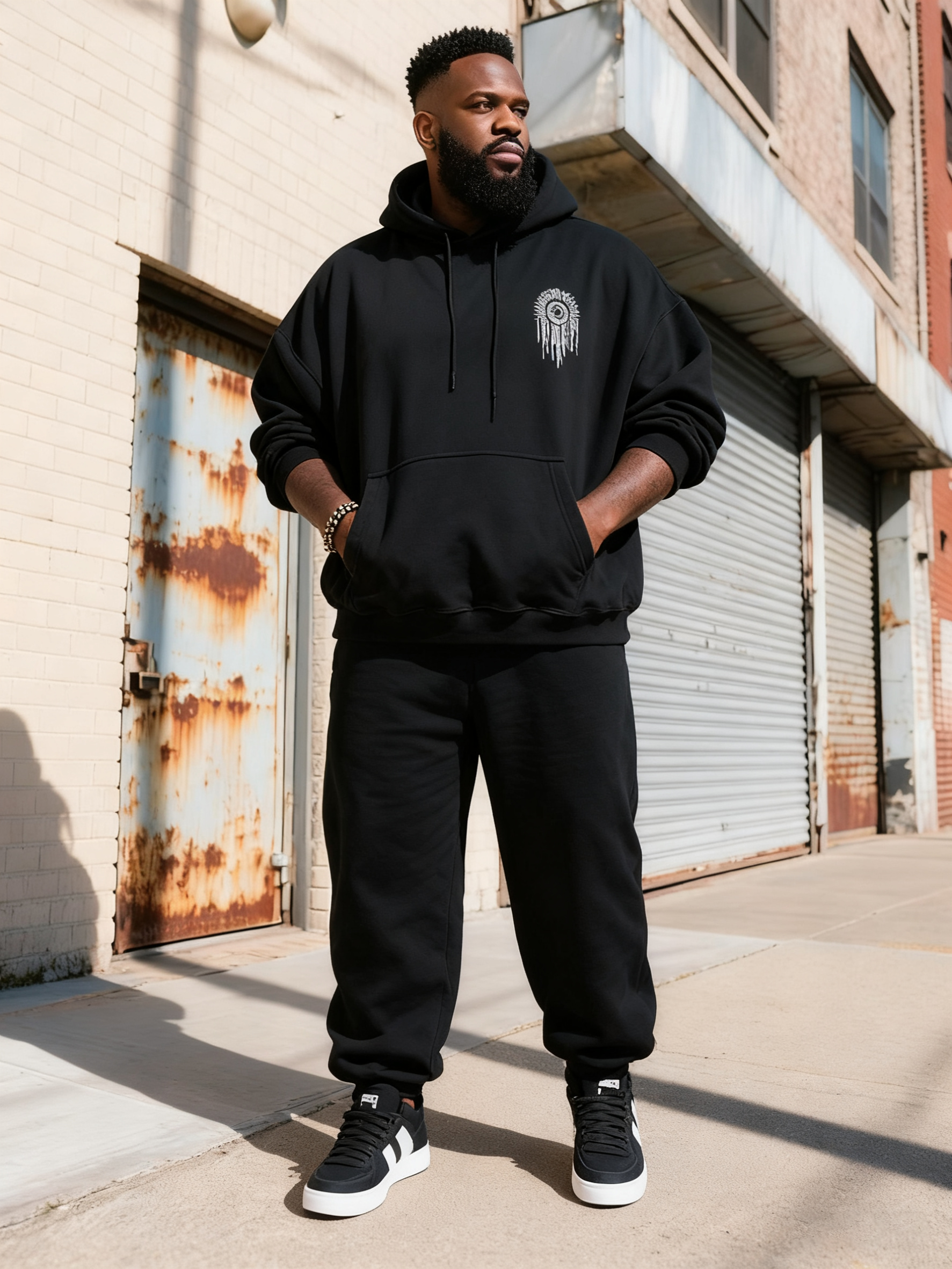 Big & Tall Men's Black Gothic Letter Print Hoodie Set