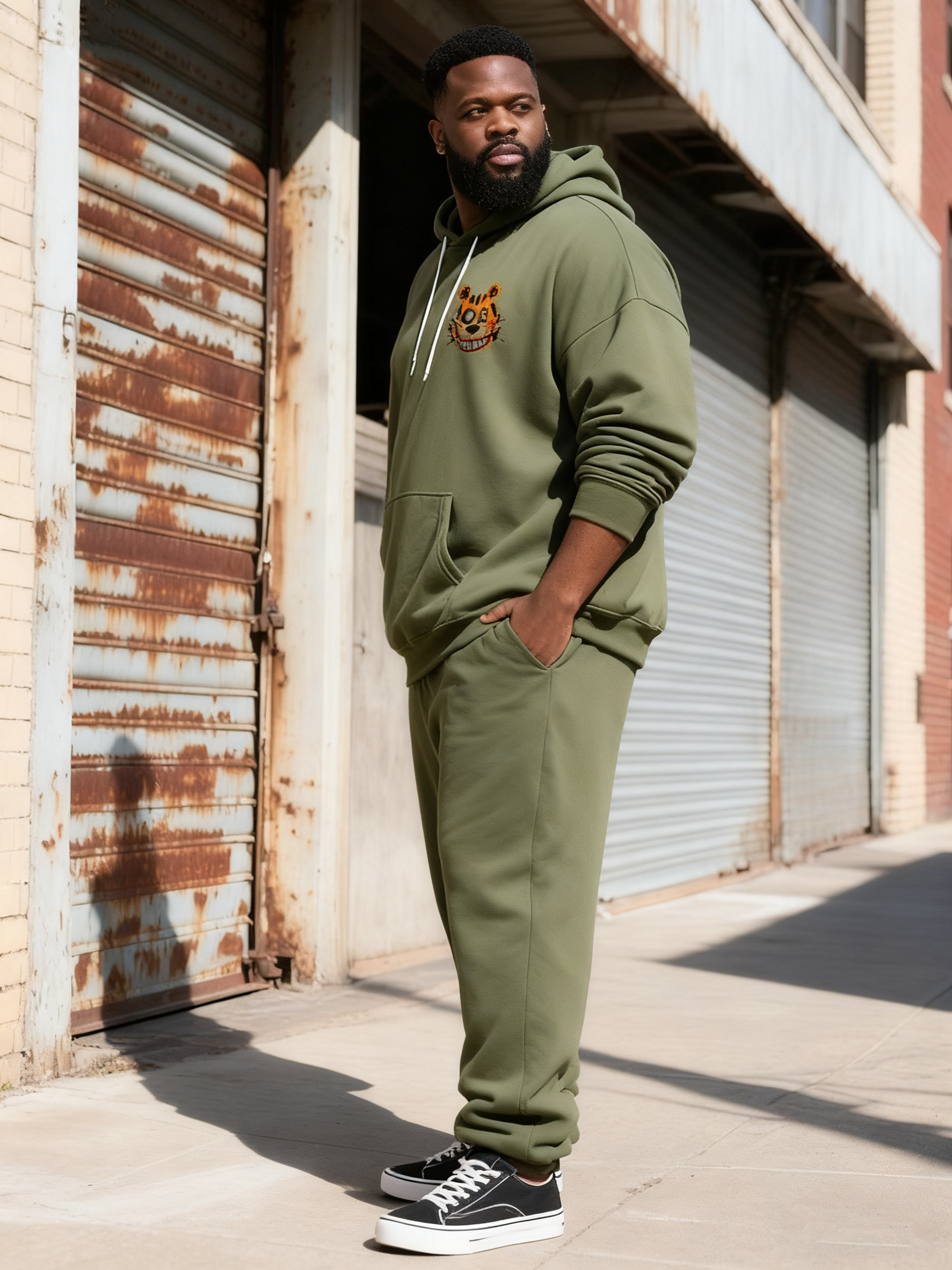 Big & Tall Men's Army Green Bear Graffiti Alphabet Print Hoodie Set