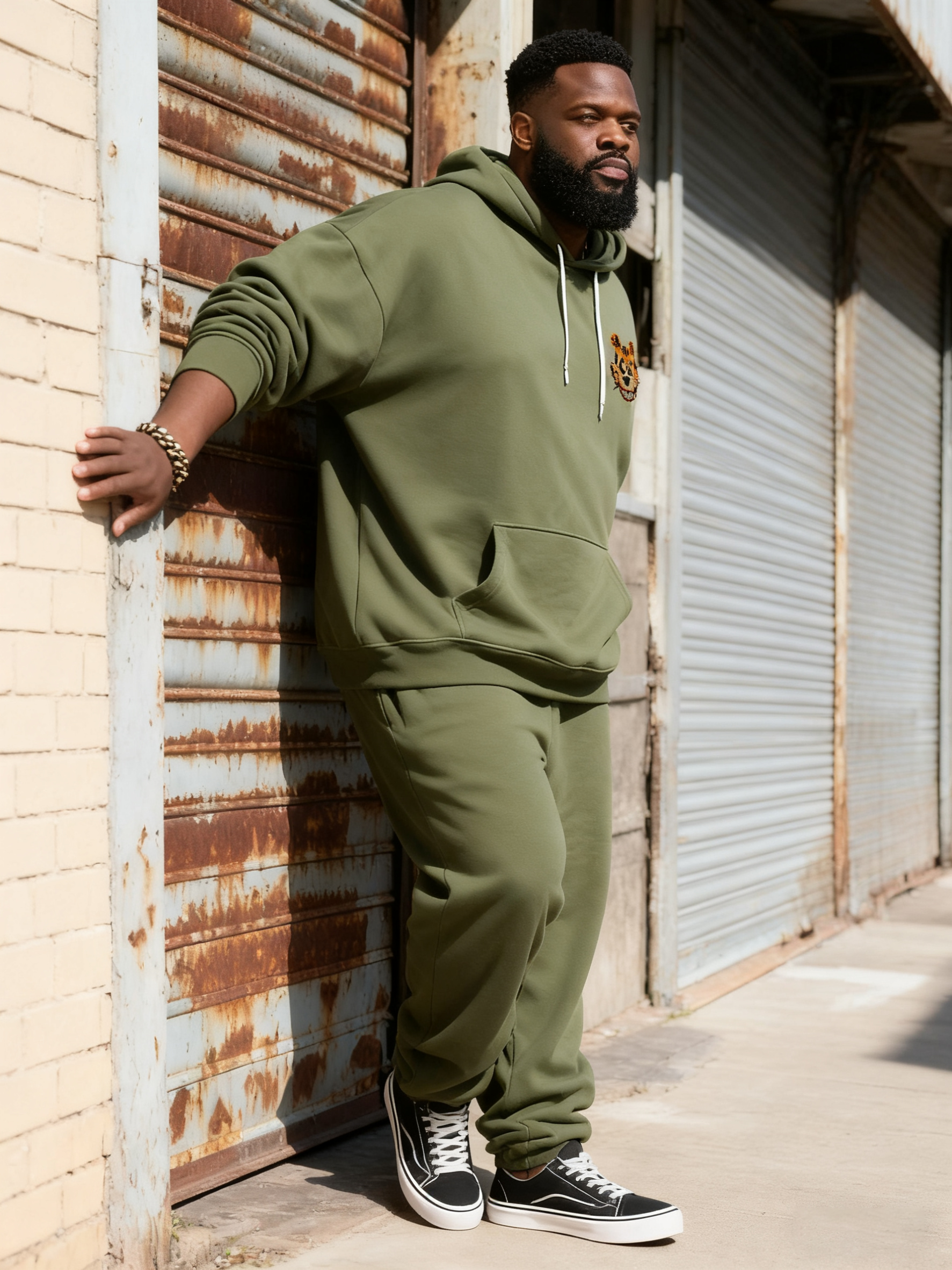 Big & Tall Men's Army Green Bear Graffiti Alphabet Print Hoodie Set