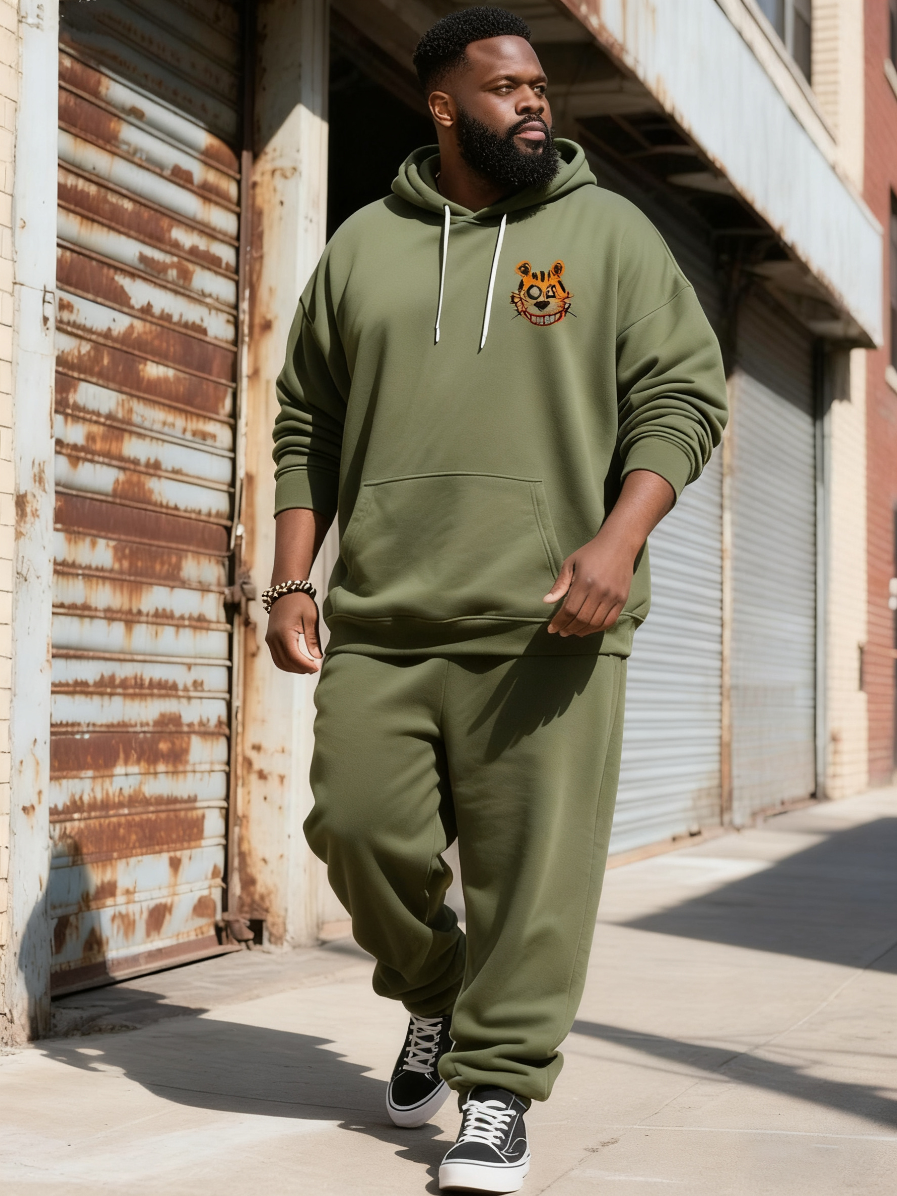 Big & Tall Men's Army Green Bear Graffiti Alphabet Print Hoodie Set