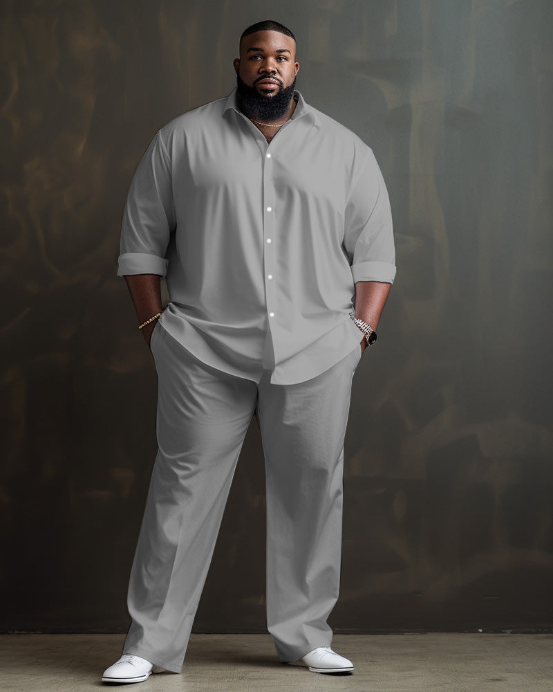 Solid Color Big Guys Long Sleeve Lapel Shirt and Pants Set