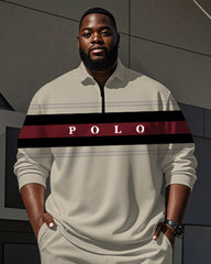 Men's Big & Tall Simple Khaki Striped Alphabet Print Polo Shirt Zipper Pants Set