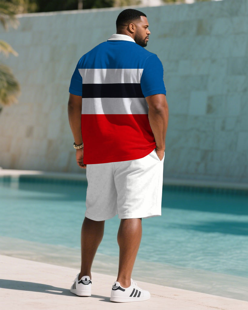 Men's large size Blue & Red & White & Black Patchwork Chest Logo Print Short-sleeved polo shorts set