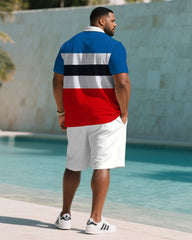 Men's large size Blue & Red & White & Black Patchwork Chest Logo Print Short-sleeved polo shorts set