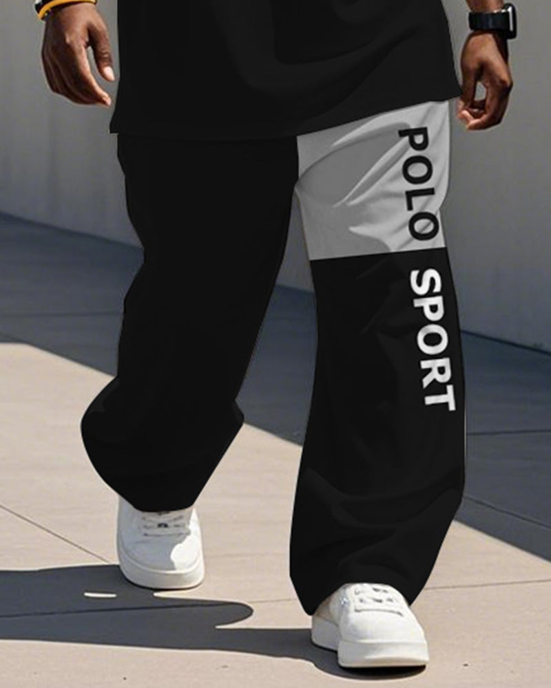 Men's Plus Size Black And Grey Colorblock Alphabet Print Henry Collar T-Shirt Trousers Suit
