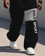 Men's Plus Size Black And Grey Colorblock Alphabet Print Henry Collar T-Shirt Trousers Suit