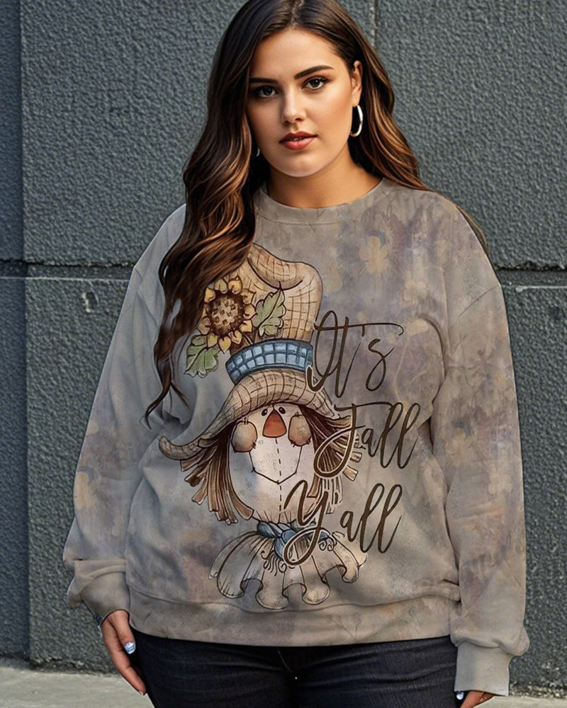 Retro Pumpkin Old Women Big and Tall Round Neck Long Sleeve Sweatshirt
