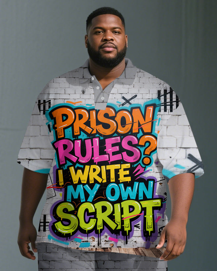 Men's PRISON Letter Graffiti War Streetwear Big and Tall Short-Sleeve Polo Shirt & Shorts Set