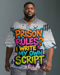 Men's PRISON Letter Graffiti War Streetwear Big and Tall Short-Sleeve Polo Shirt & Shorts Set