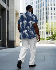 Hawaiian Sea Jellyfish Pattern Short Sleeve Shirt Trousers Suit Men's Plus Size