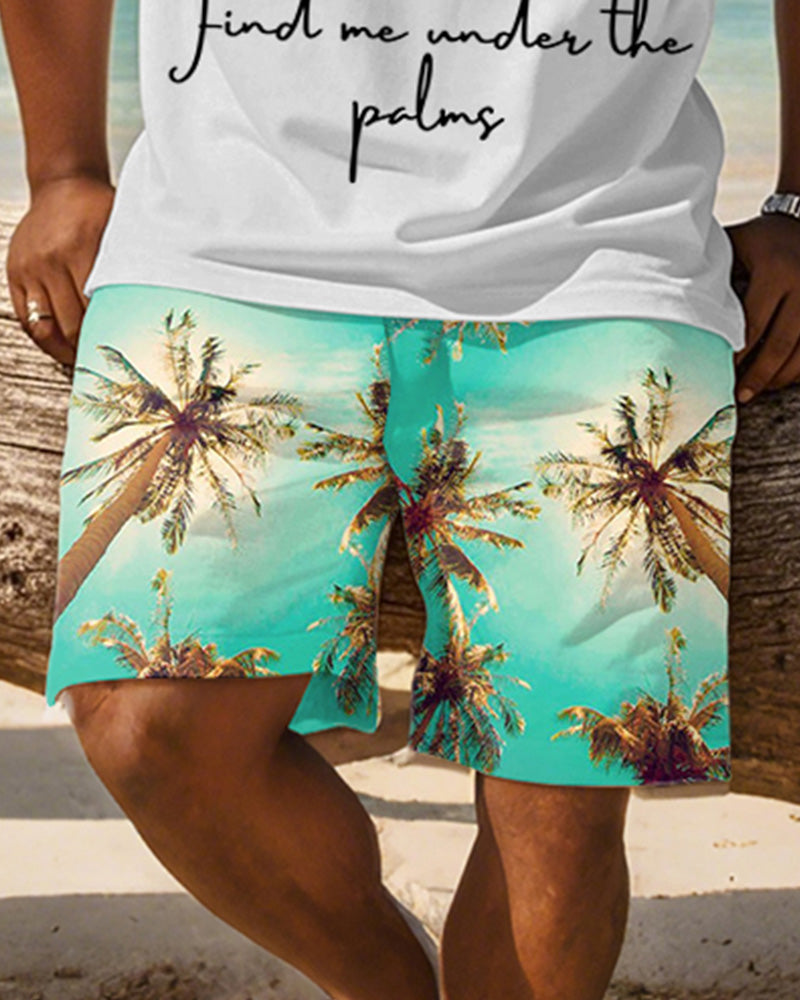 Men's Plus Size Hawaiian Green Coconut Tree Alphabet Print Tank Shorts Suit