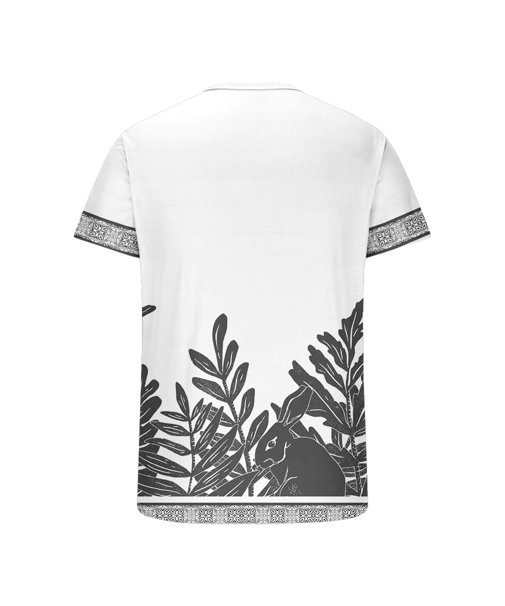 Men's Plus Size Hawaiian Plant Rabbit Print Henry Collar Button Short Sleeve Tee